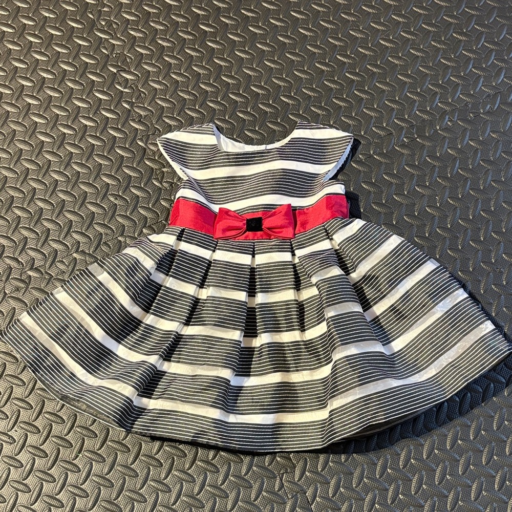 Jona Michelle Black and White Striped glitter Dress with Red Bow